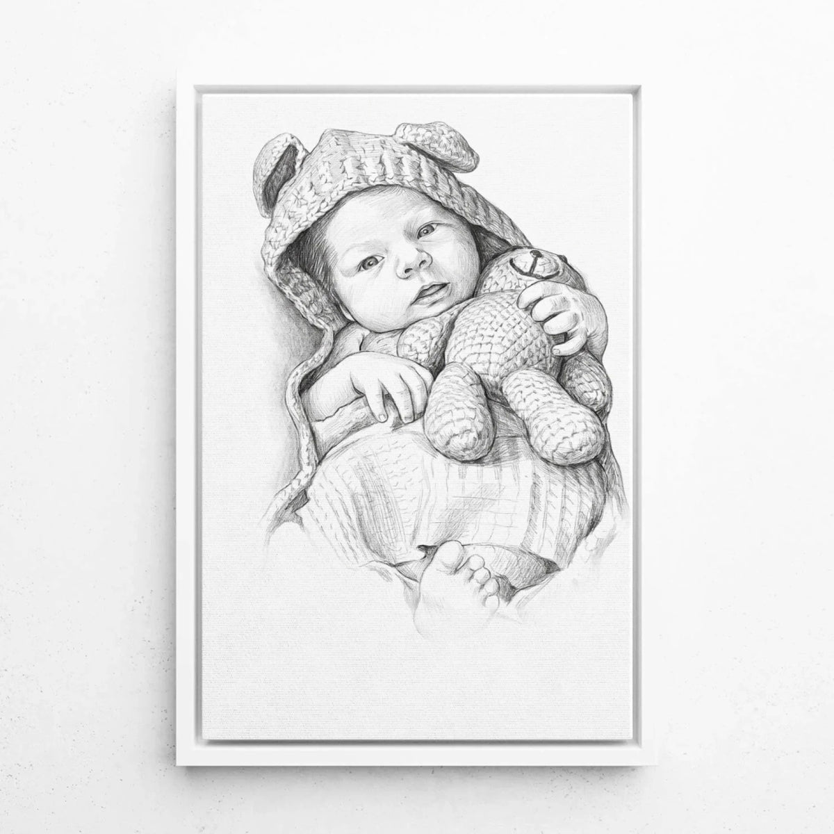 Babyporträtt i blyertsstil från ditt foto - canvas med vit ram