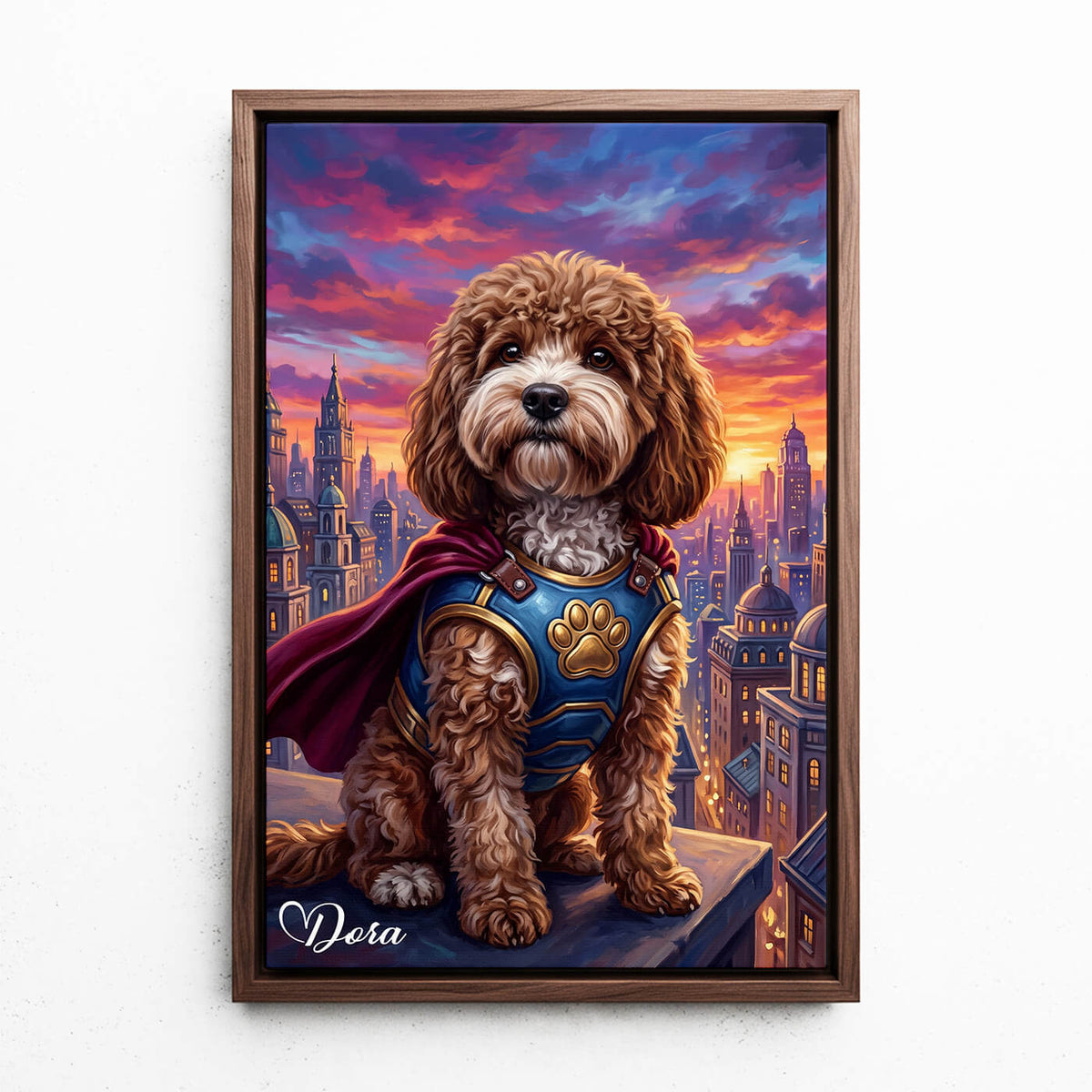 Hundporträtt som superhjälte från ditt foto - canvas med valnötsram