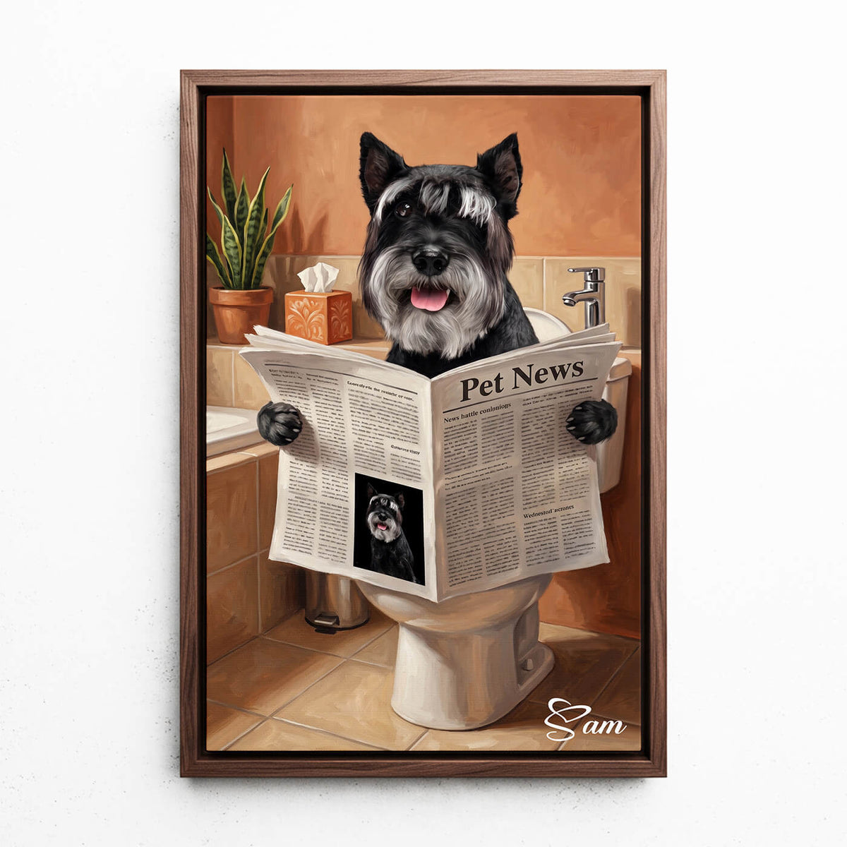 Roligt hundporträtt på toaletten från ditt foto - canvas med valnötsram