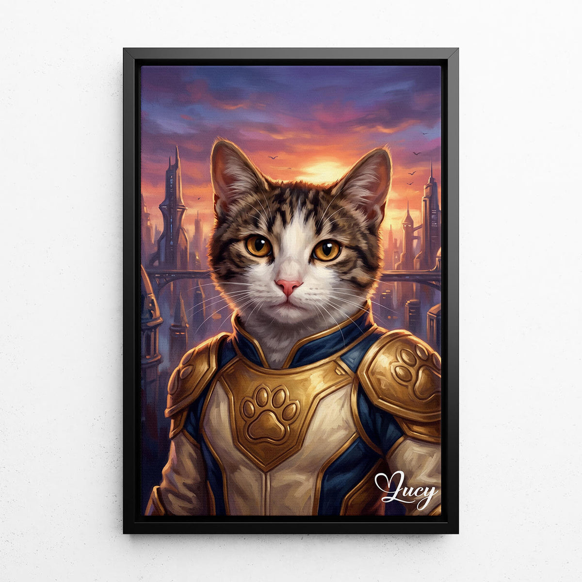 Kattporträtt som superhjälte från ditt foto - canvas med svart ram
