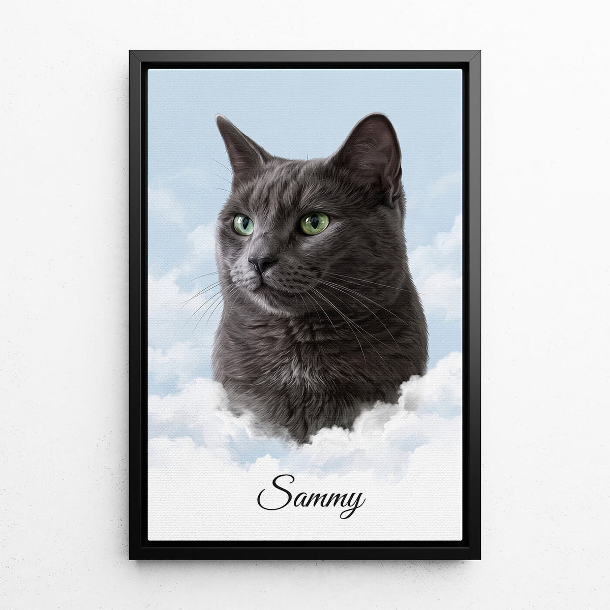 Personligt anpassat kattporträtt på moln från ditt foto - canvas med svart ram