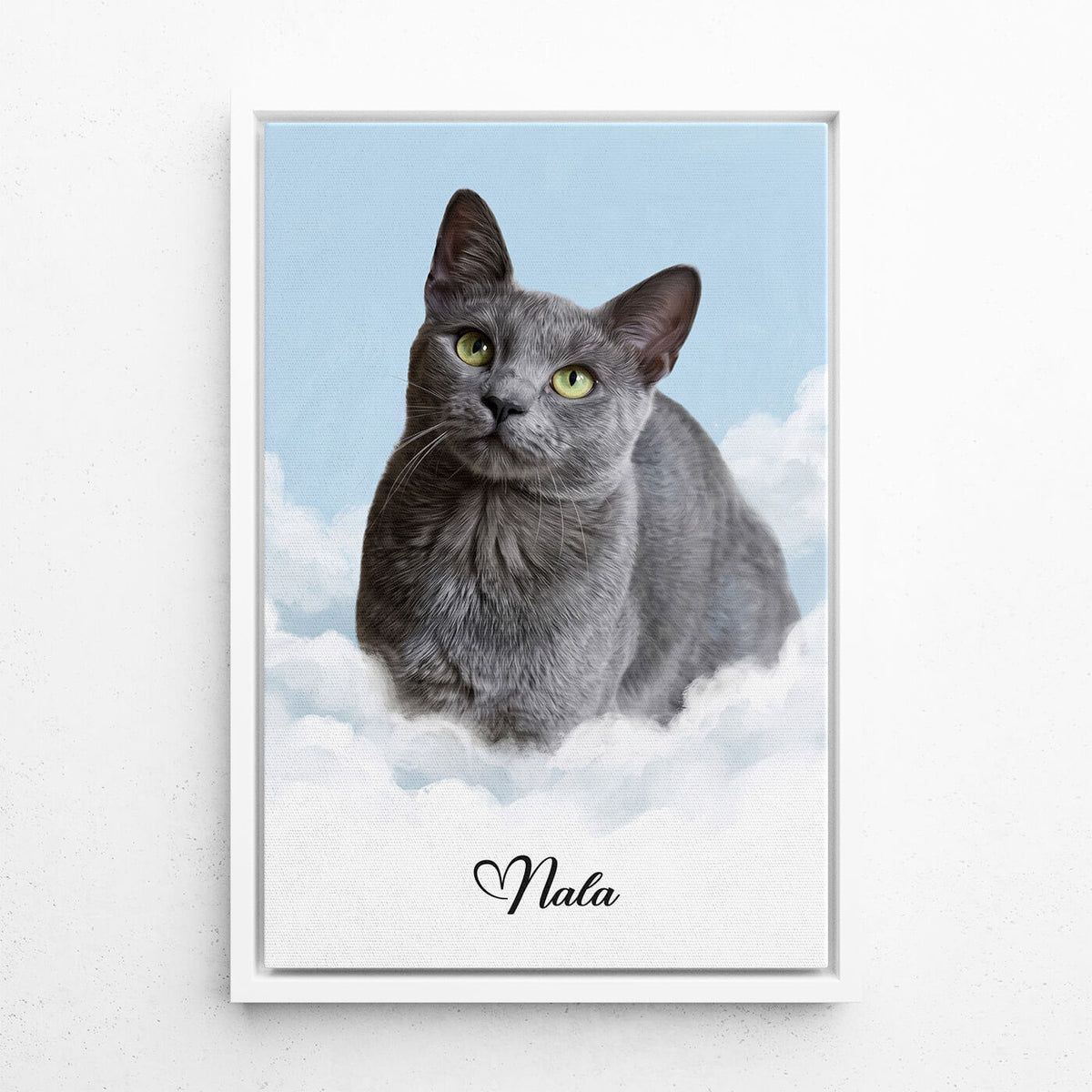 Personligt anpassat kattporträtt på moln från ditt foto - canvas med vit ram