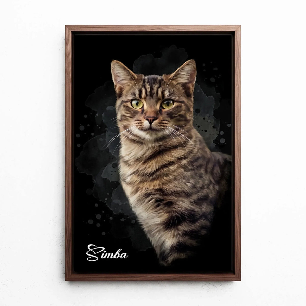 Kattporträtt i akvarellstil - Svart från ditt foto - canvas med valnötsram