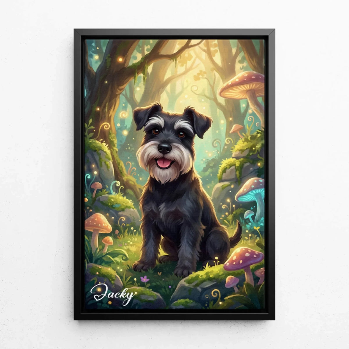 Hundporträtt i fantasy-/cartoonstil från ditt foto - canvas med svart ram