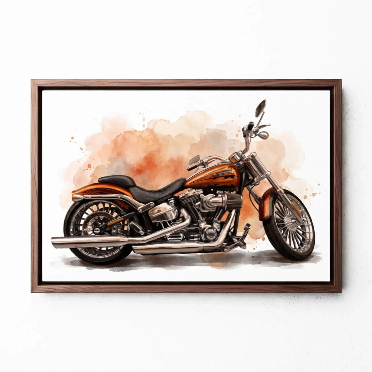 Motorcykelporträtt i akvarellstil (liggande format) från ditt foto - canvas med valnötsram