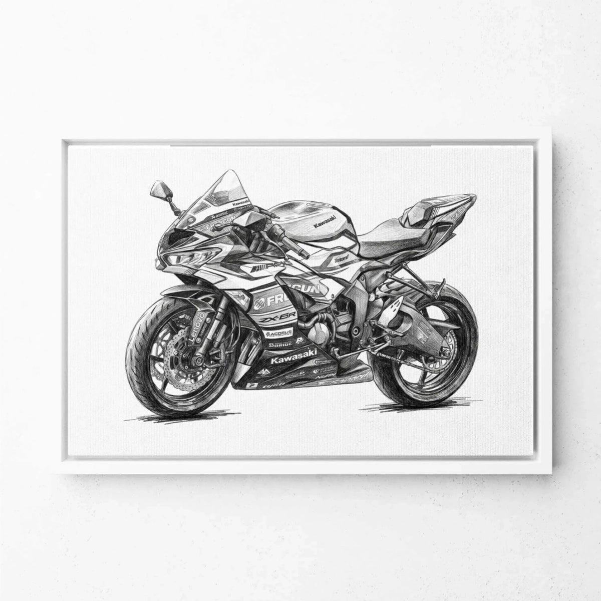 Motorcykelporträtt i blyertsstil (liggande format) från ditt foto - canvas med vit ram