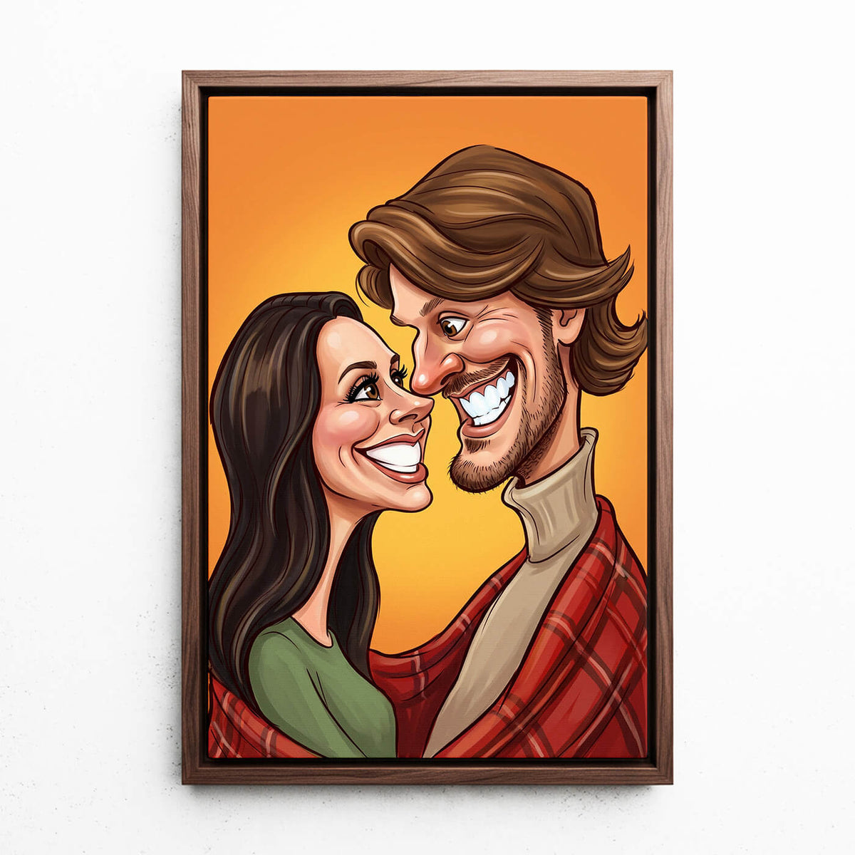 Par- & familjeporträtt i karikatyrstil från ditt foto - canvas med valnötsram