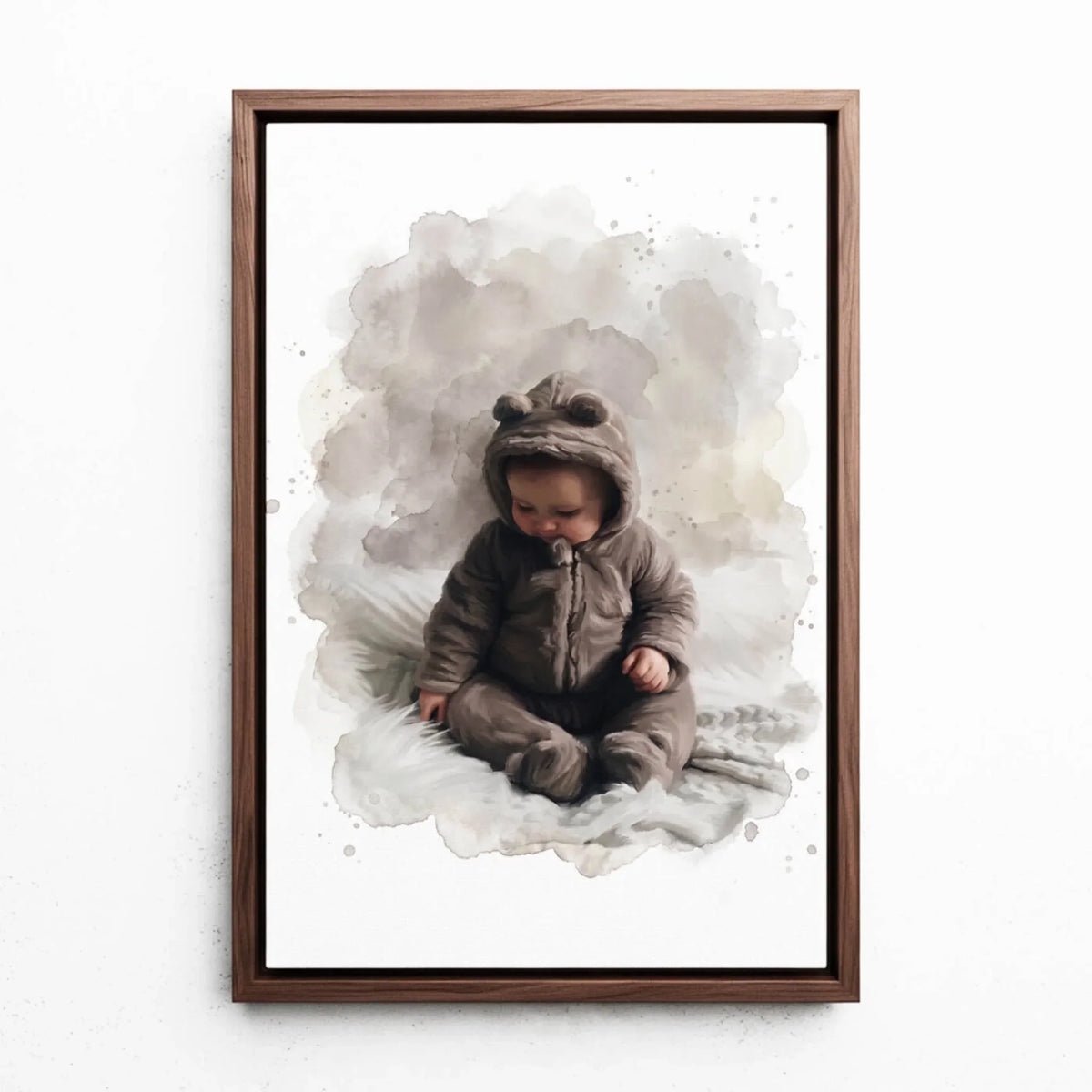 Babyporträtt i akvarellstil från ditt foto - canvas med valnötsram