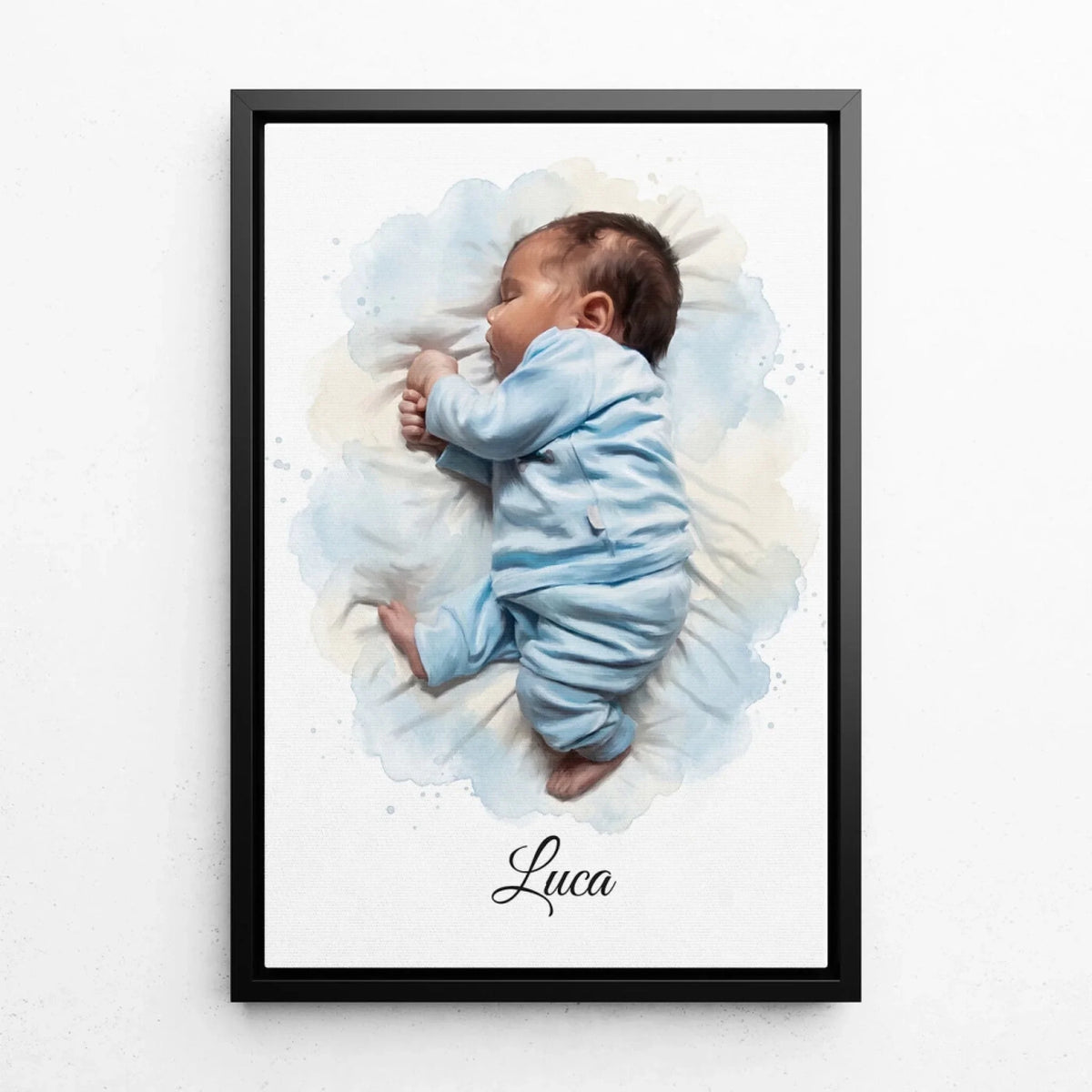 Babyporträtt i akvarellstil från ditt foto - canvas med svart ram