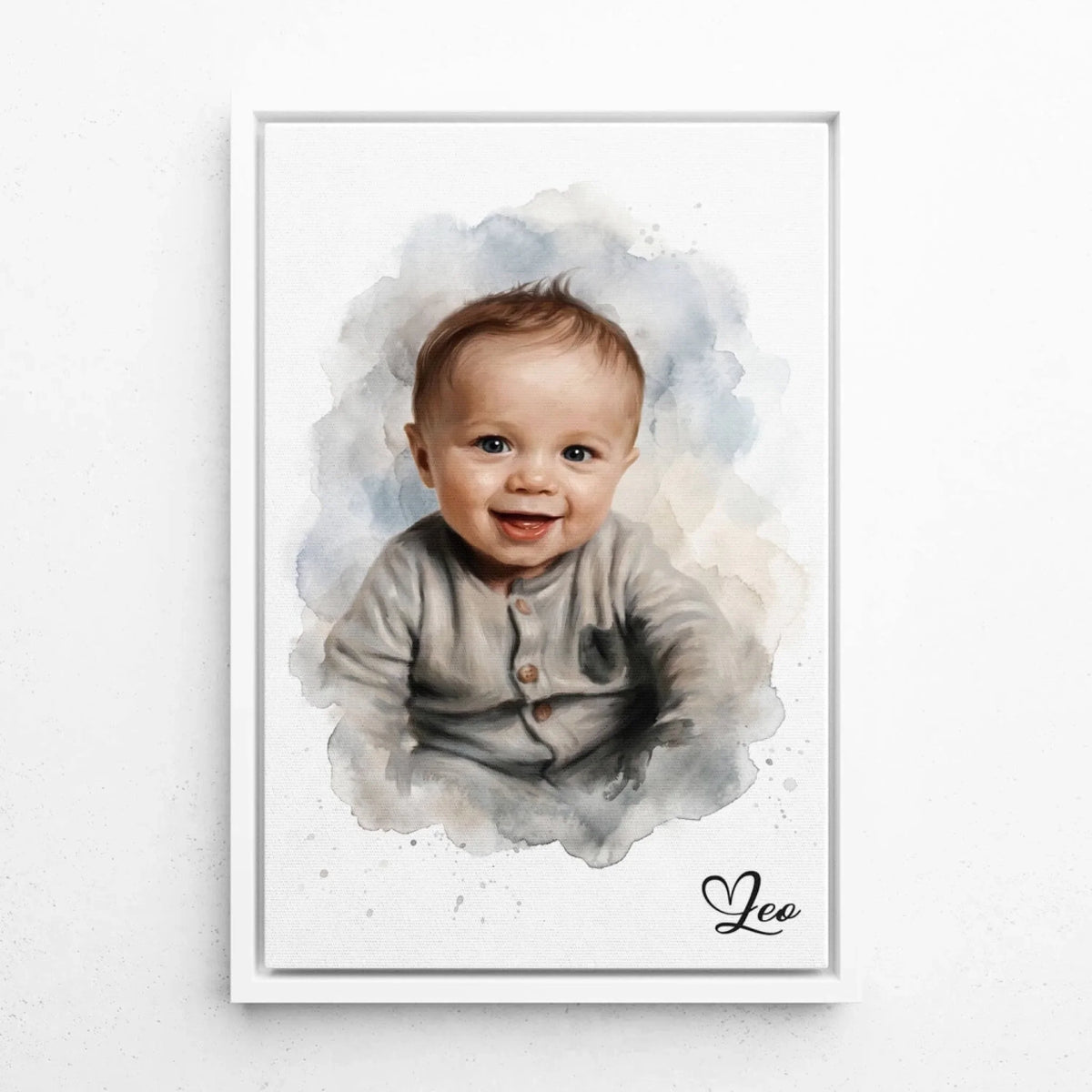 Babyporträtt i akvarellstil från ditt foto - canvas med vit ram