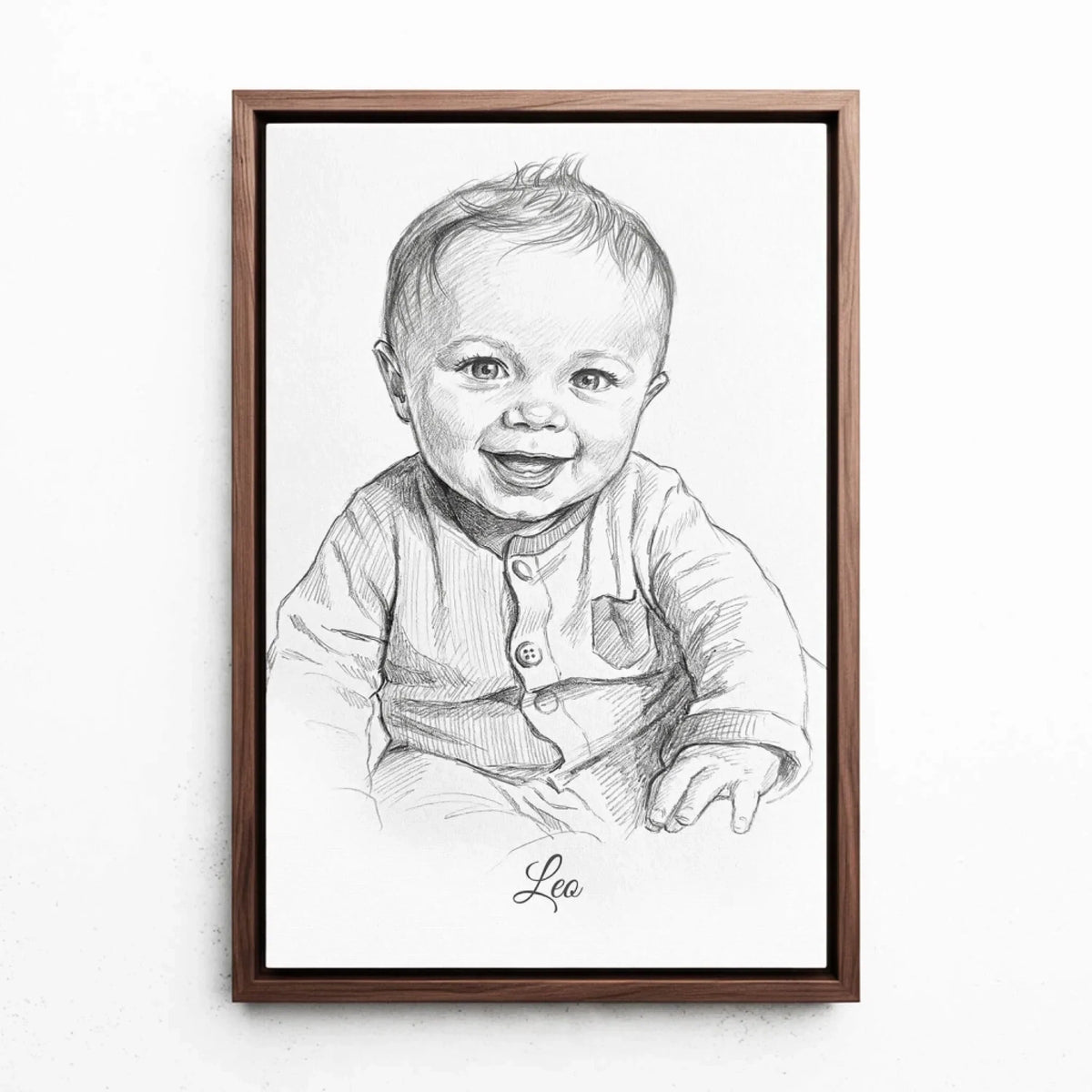 Babyporträtt i blyertsstil från ditt foto - canvas med valnötsram