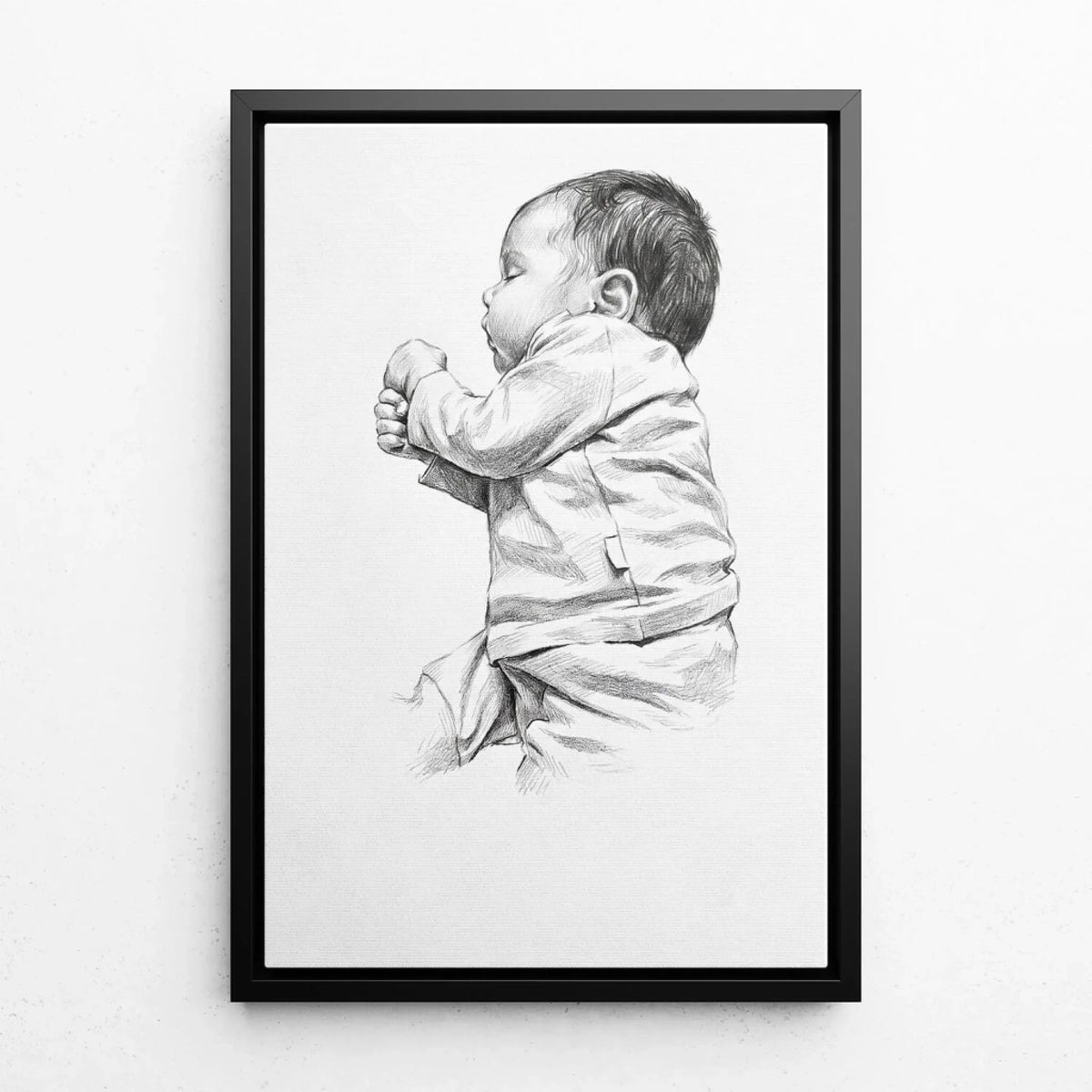 Babyporträtt i blyertsstil från ditt foto - canvas med svart ram