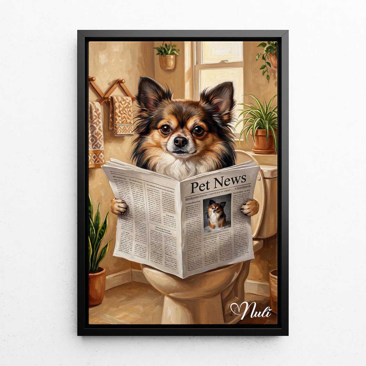 Roligt hundporträtt på toaletten från ditt foto - canvas med svart ram
