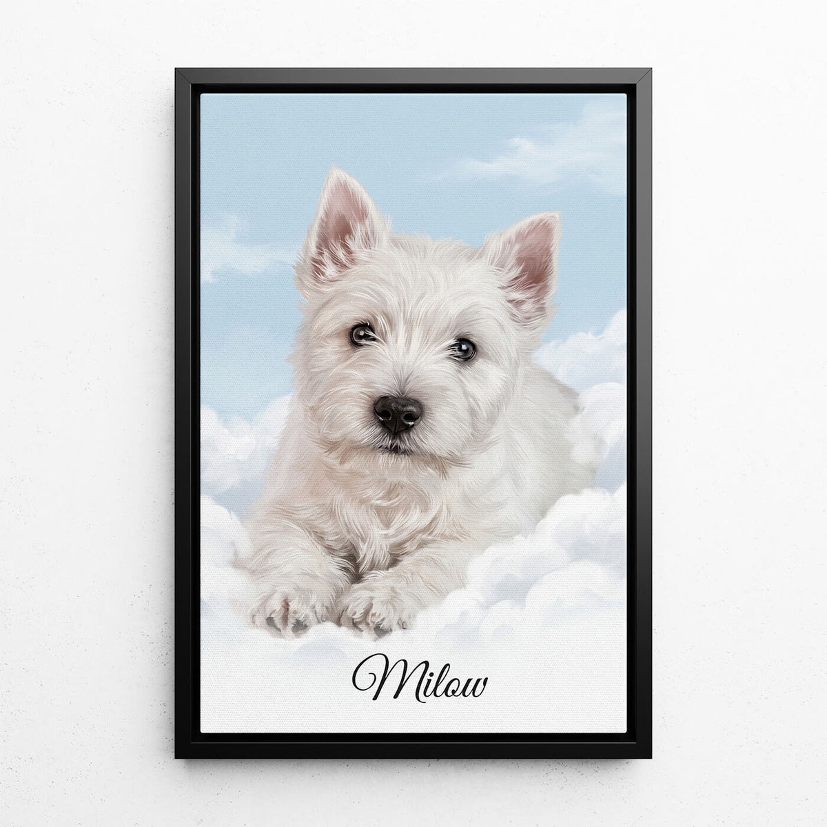 Personligt anpassat hundporträtt på moln från ditt foto - canvas med svart ram