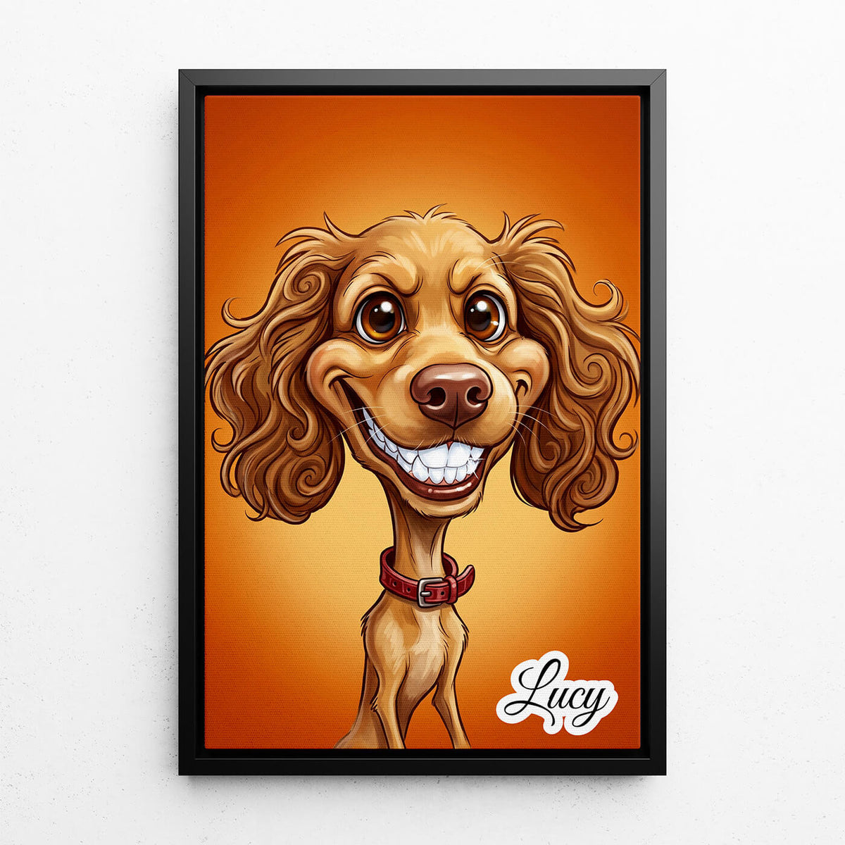 Hundporträtt i karikatyrstil från ditt foto - canvas med svart ram