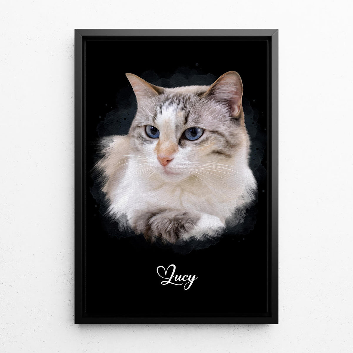 Kattporträtt i akvarellstil - Svart från ditt foto - canvas med svart ram