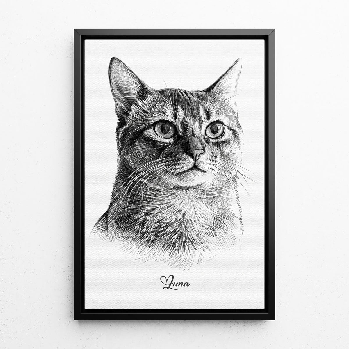 Kattporträtt i blyertsstil från ditt foto - canvas med svart ram