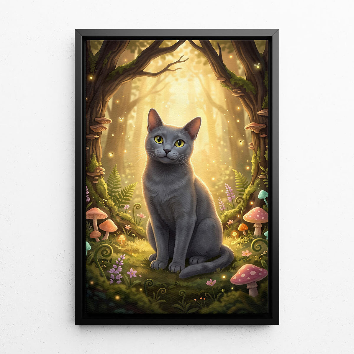 Kattporträtt i fantasy-/cartoonstil från ditt foto - canvas med svart ram