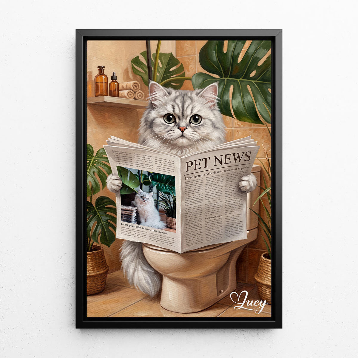 Roligt kattporträtt på toaletten från ditt foto - canvas med svart ram