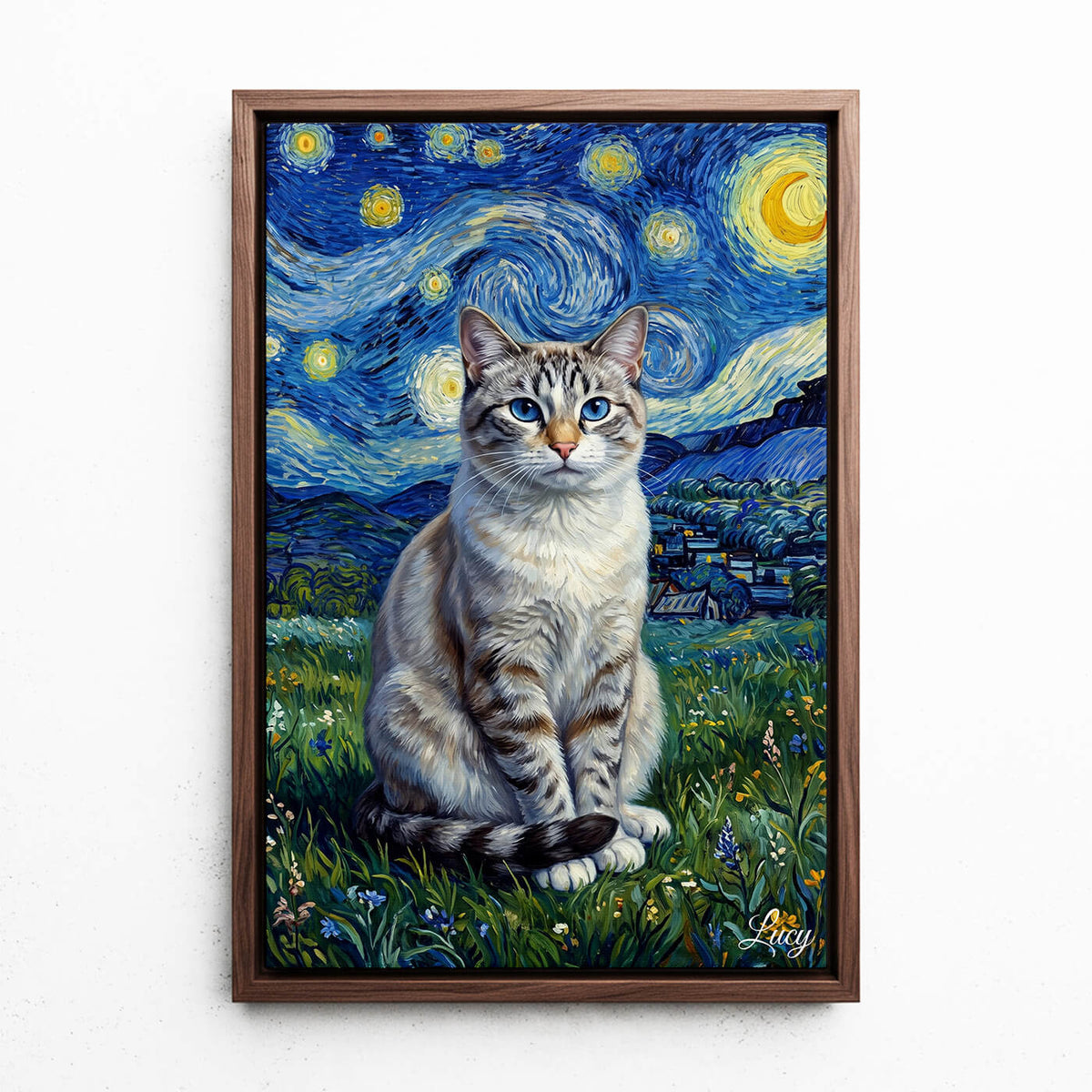 Kattporträtt i Van Gogh-stil från ditt foto - canvas med valnötsram