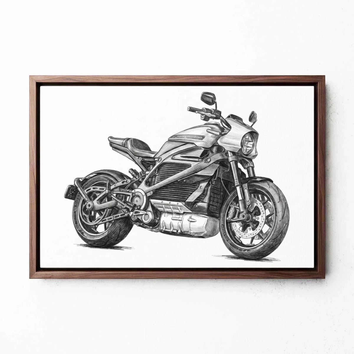 Motorcykelporträtt i blyertsstil (liggande format) från ditt foto - canvas med valnötsram