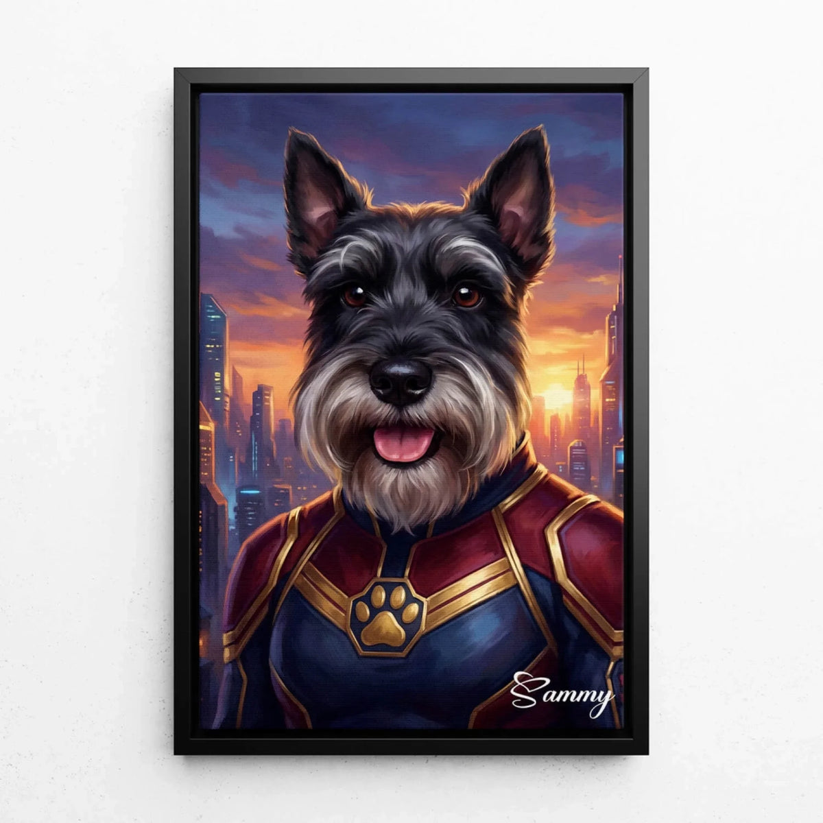 Hundporträtt som superhjälte från ditt foto - canvas med svart ram