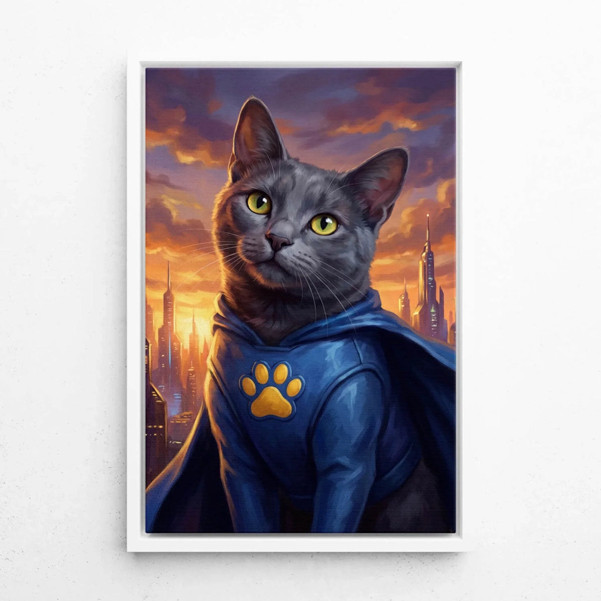 Kattporträtt som superhjälte från ditt foto - canvas med vit ram