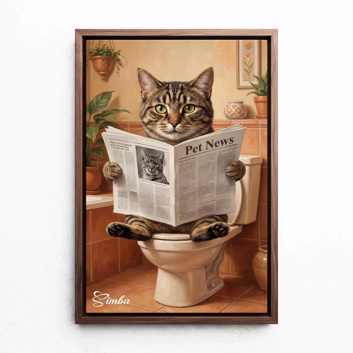 Roligt kattporträtt på toaletten från ditt foto - canvas med valnötsram